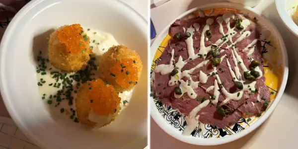 Сырные пончики с красной икрой / Пастрами тоннато с картофелем фри
